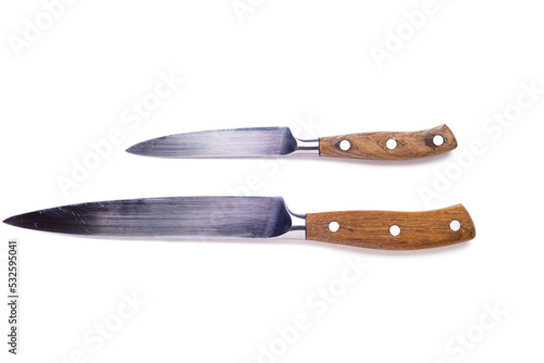 Two kitchen knives with wooden handle on a white background.
