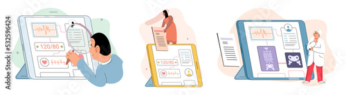 Online medical consultation and support metaphor. Online doctor. Healthcare services, Ask doctor. Tele medicine e-health service. Therapist videocalling phone screen. Diagnosis treatment of patients