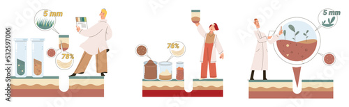 Soil analysis and earth pollution metaphor or structure control. Nutrients microorganism composition research ground layer structure sample. Soil laboratory test. Scientist measuring levels status