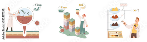 Soil analysis and earth pollution metaphor or structure control. Nutrients microorganism composition research ground layer structure sample. Soil laboratory test. Scientist measuring levels status