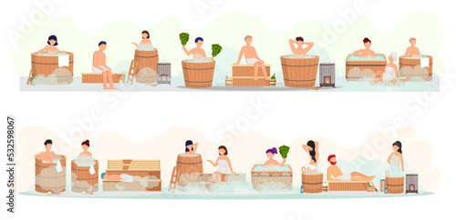 Sauna and steam room. Set of people in sauna. People relax and steam with birch brooms in traditional russian stove for female and male. Finnish bathhouse. Public sauna, Friends in spa resort