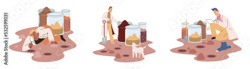 Soil analysis and earth pollution metaphor or structure control. Nutrients microorganism composition research ground layer structure sample. Soil laboratory test. Scientist measuring levels status