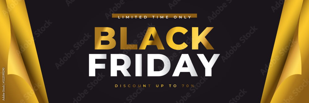 Black Friday Sale Banner or Poster with Gold Open Gift Wrap Paper. Advertising Banner Design for Black Friday Campaign