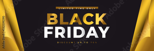 Black Friday Sale Banner or Poster with Gold Open Gift Wrap Paper. Advertising Banner Design for Black Friday Campaign