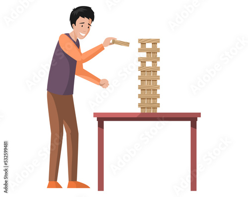 Young man playing logic game vector illustration. Player standing near table with wooden blocks stacked in high tower. Male character playing Jenga alone. Guy collects wooden tower from bricks