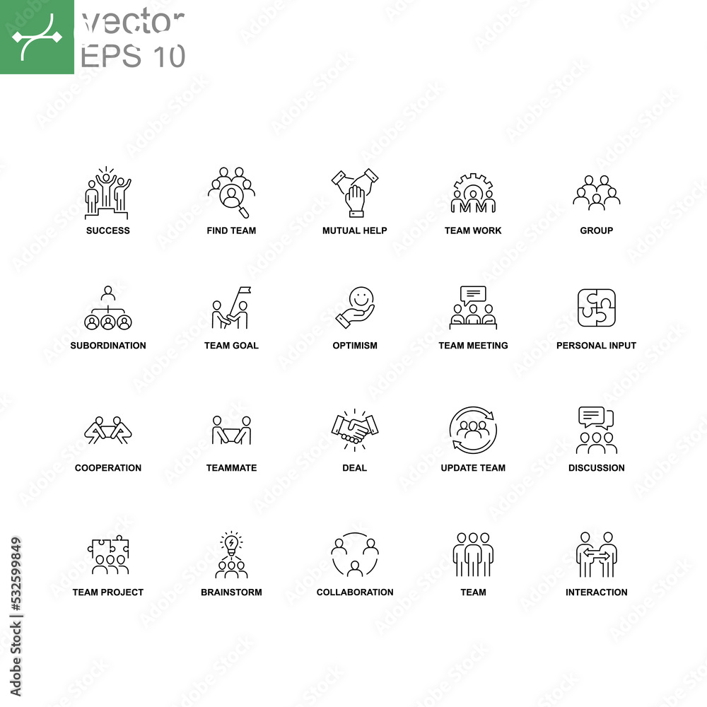 Teamwork signage set for business project include group, team, Collaboration, discussion, etc. Simple set of team work related vector line icons. Vector illustration. Design on white background. EPS10