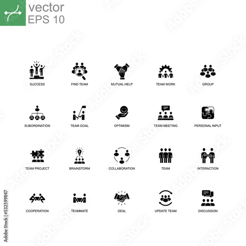 Teamwork signage set for business project include brainstorming, Team goal, meeting, etc. Simple set of team work related vector solid icons. Vector illustration. Design on white background. EPS 10