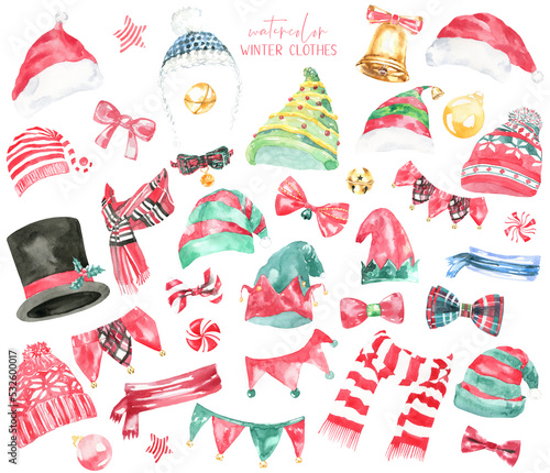 Christmas clothes set of watercolor santa,elf hat,costume, scarf, bowtie,knitted,top hat, bell,winter clothes accessories, warm decor, new year, hipster clothes, create character overlay,clipart,diy	
