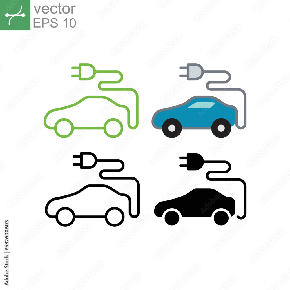 Eco friendly automobile or electric vehicle concept as modern electric in green energy refueling and e-mobility charging. Electric car icon. Vector ilustration. Design on white background. EPS 10