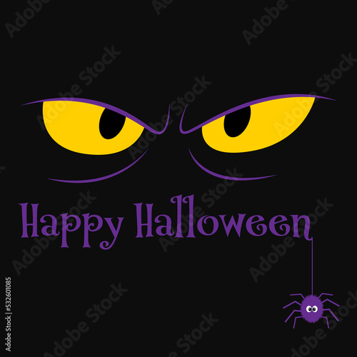 Happy Halloween vector graphic background illustration holiday card with spooky eyes and a cartoon spider
