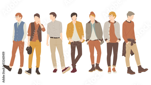 set of cool boys posing in casual stylish outfits. people flat design illustration