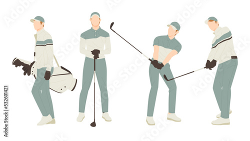 set of man hobby is playing golf. people flat design illustration