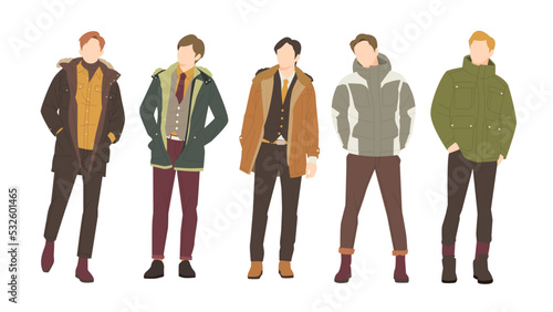 group of handsome man posing in stylish coat outfits. people flat design illustration