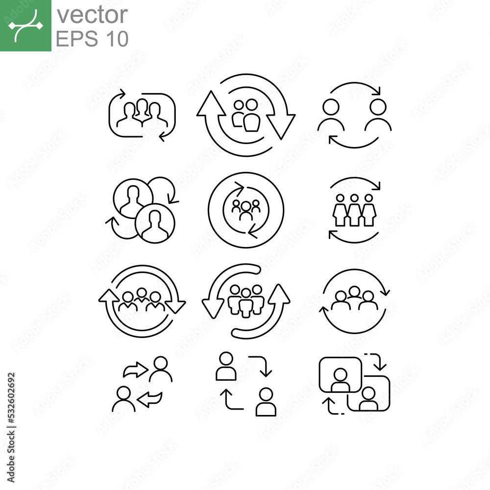 Person updating profile. Synchronize team work. Refresh team. People with arrow reload for reorganization group. Personal change line icon set. Vector illustration.Design on white background. EPS 10