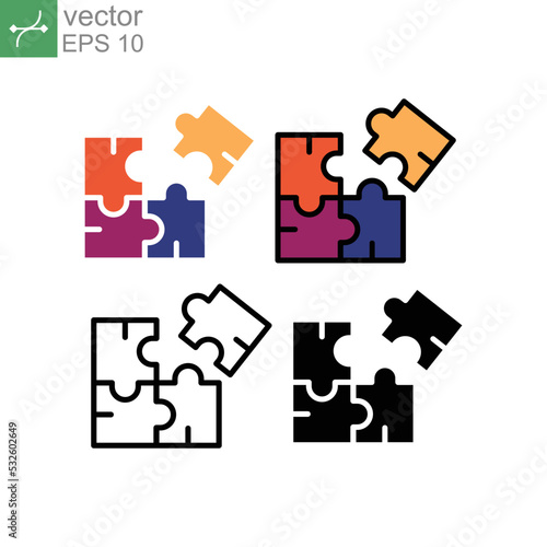 Four puzzles assemble for business concept. Piece of idea collaboration business in puzzle. Simple solution in jigsaw line. Puzzle icon. Vector illustration. Design on white background. EPS 10