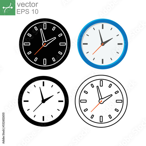 Round Wall clock for time measurement. Office hour, circle timer countdown, alarm reminder. Analog clock flat vector icon. Illustration design on white background. EPS 10