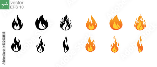 Danger highly Flammable or combustibility warning. Round flame  camp fire  Hazard bonfire extremely. Fire flames icon set. Vector illustration. Design on white background. EPS 10
