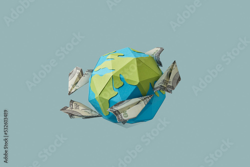 Dollar planes flying around paper planet Earth.