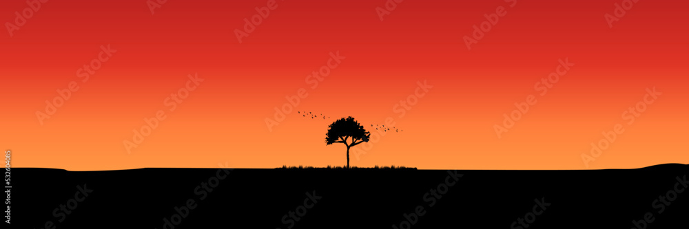 tree silhouette in sunset landscape vector illustration good for wallpaper, background, backdrop, banner, web, adventure, and design template