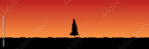 tree silhouette in sunset landscape vector illustration good for wallpaper  background  backdrop  banner  web  adventure  and design template