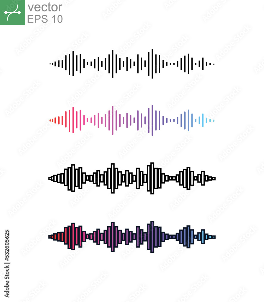 Audio signal or sound wave frequency element Music pulse signal. speaker rhythm graphic. Sound, wave, waveform, audio equalizer, level, voice icon. Vector illustration Design on white background EPS10