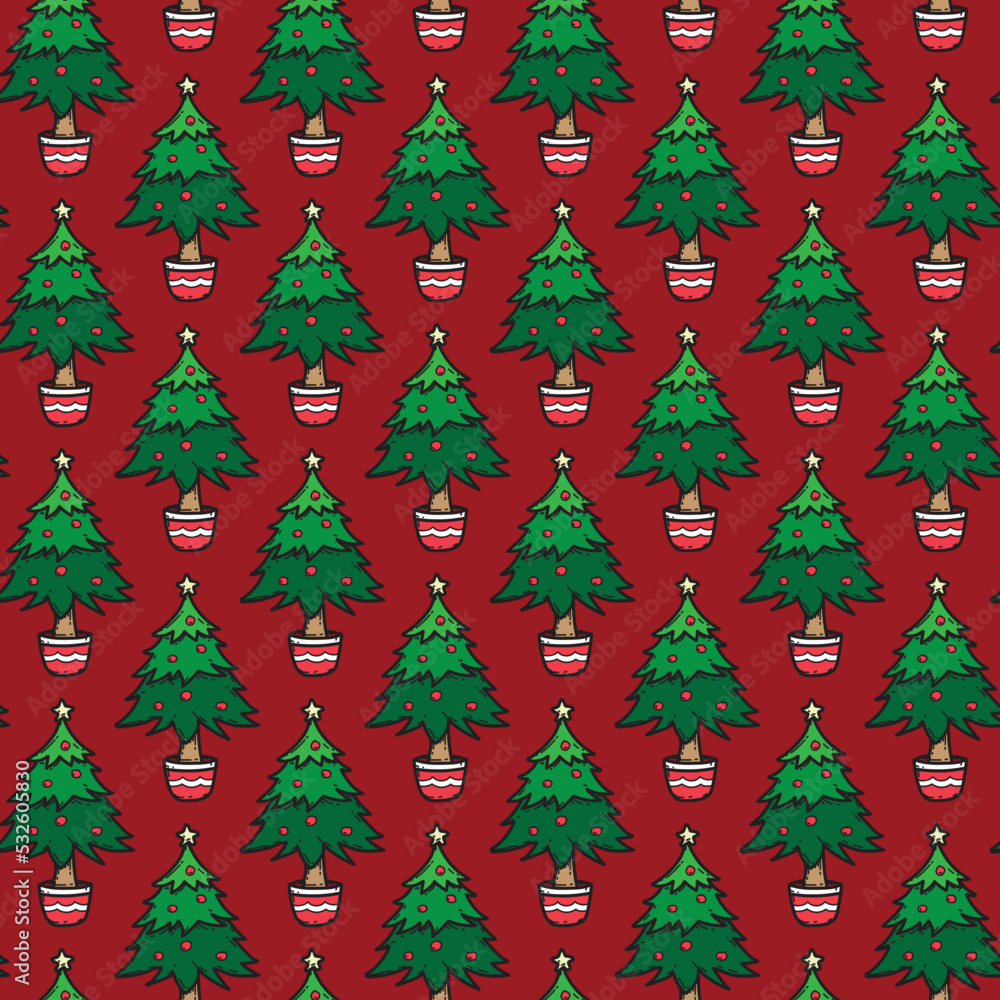 Christmas tree vector illustration pattern seamless red background Christmas tree vector illustration pattern seamless red background