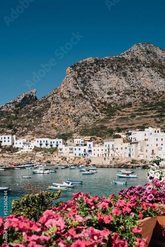 View of boats and whitewashed houses beneath cliff in Levanzo harbour photo