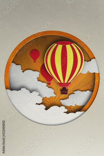 Illustration of hot air balloon flying through clouds photo