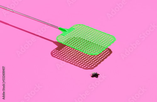 Fly Swatter and Fly on Pink Surface  photo