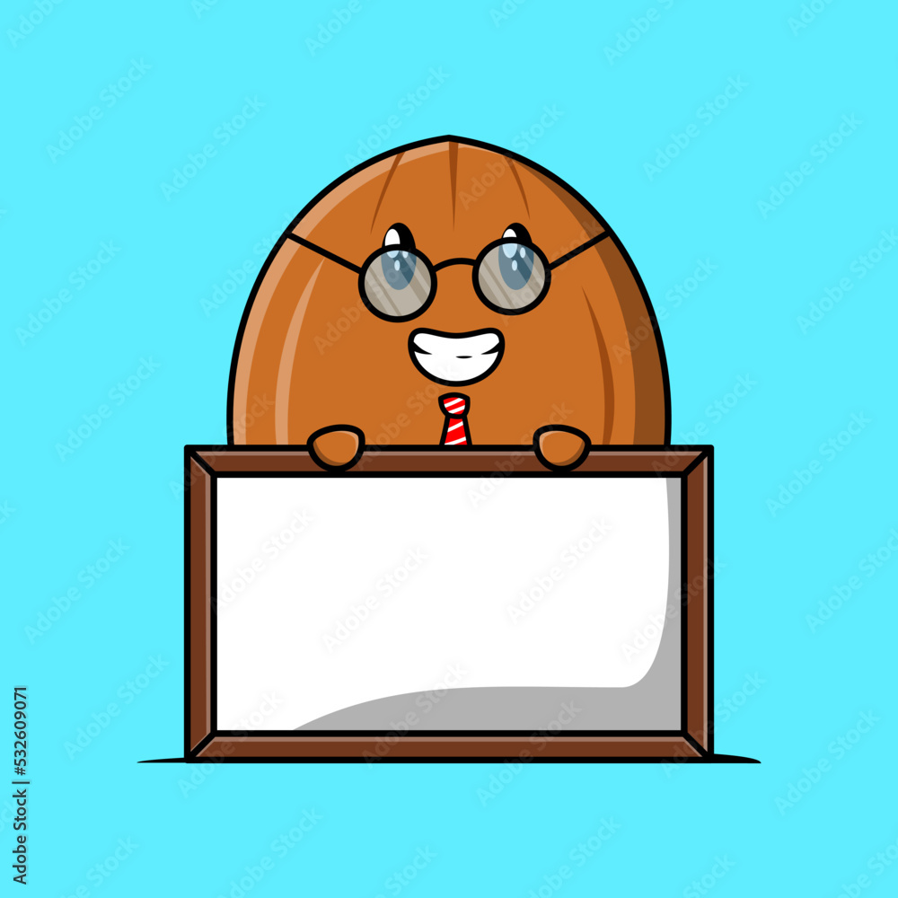 Cute cartoon Almond nut teacher character with big whiteboard in flat cartoon style Cute cartoon Almond nut teacher character with big whiteboard in flat cartoon style
