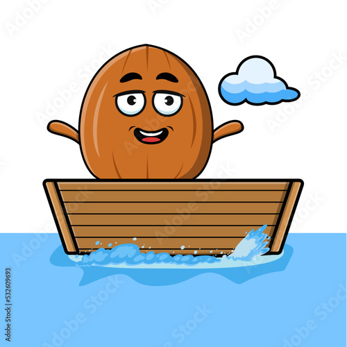cute cartoon almond nut get on boat in vector character illustration
