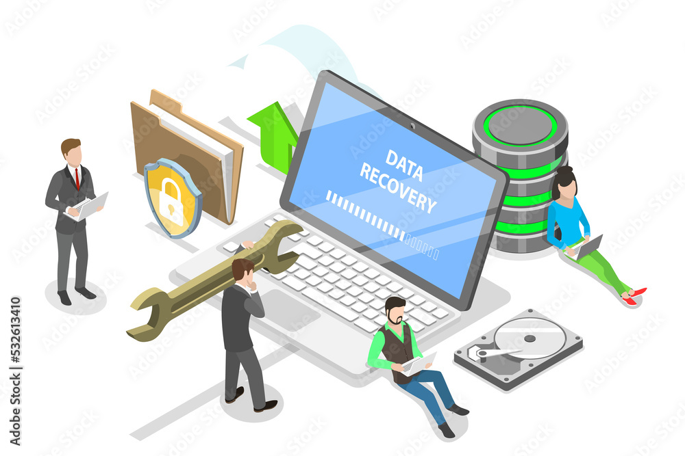 Isometric flat  concept of data recovery services, data backup.