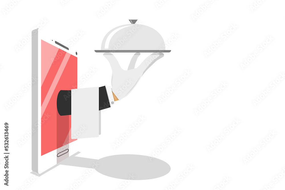 Flat isometric concept of table online reservation, mobile booking. Flat isometric concept of table online reservation, mobile booking.