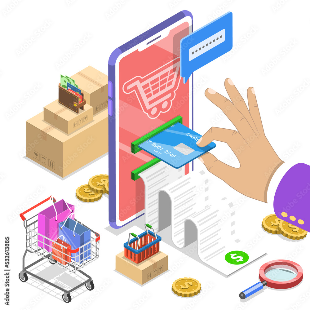 Isometric flat  concept of pay online, internet payment and shopping.