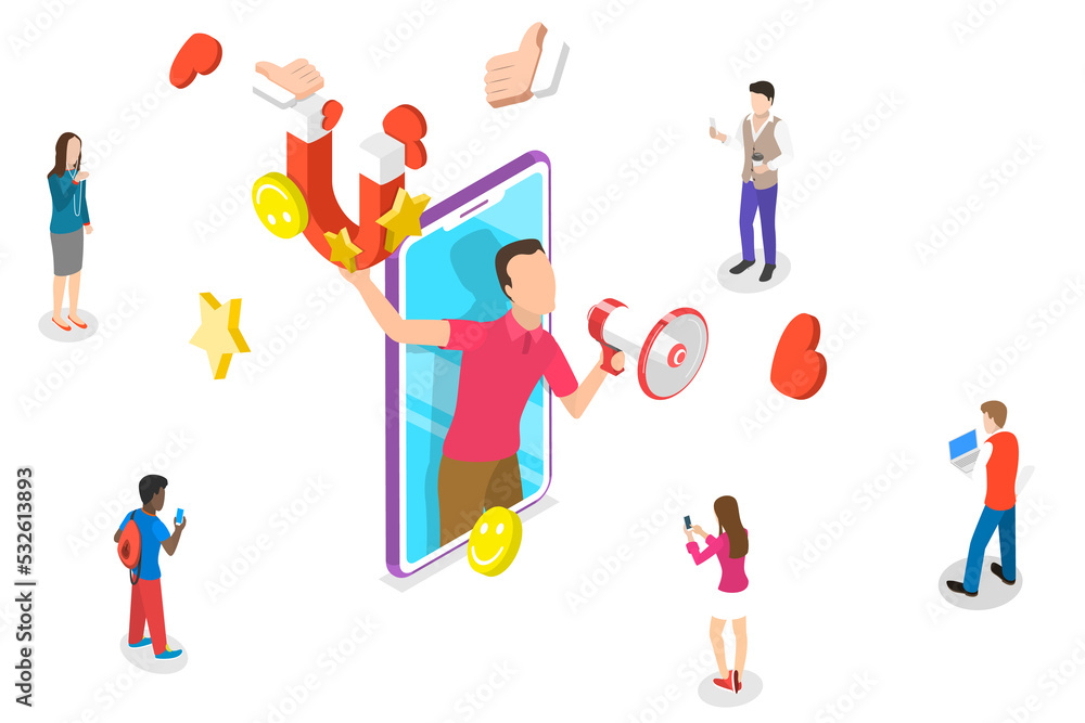 Isometric flat concept of social media influencer, digital marketing. Isometric flat concept of social media influencer, digital marketing.