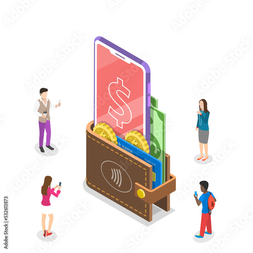 Isometric flat  concept of digital mobile wallet, online banking. photo