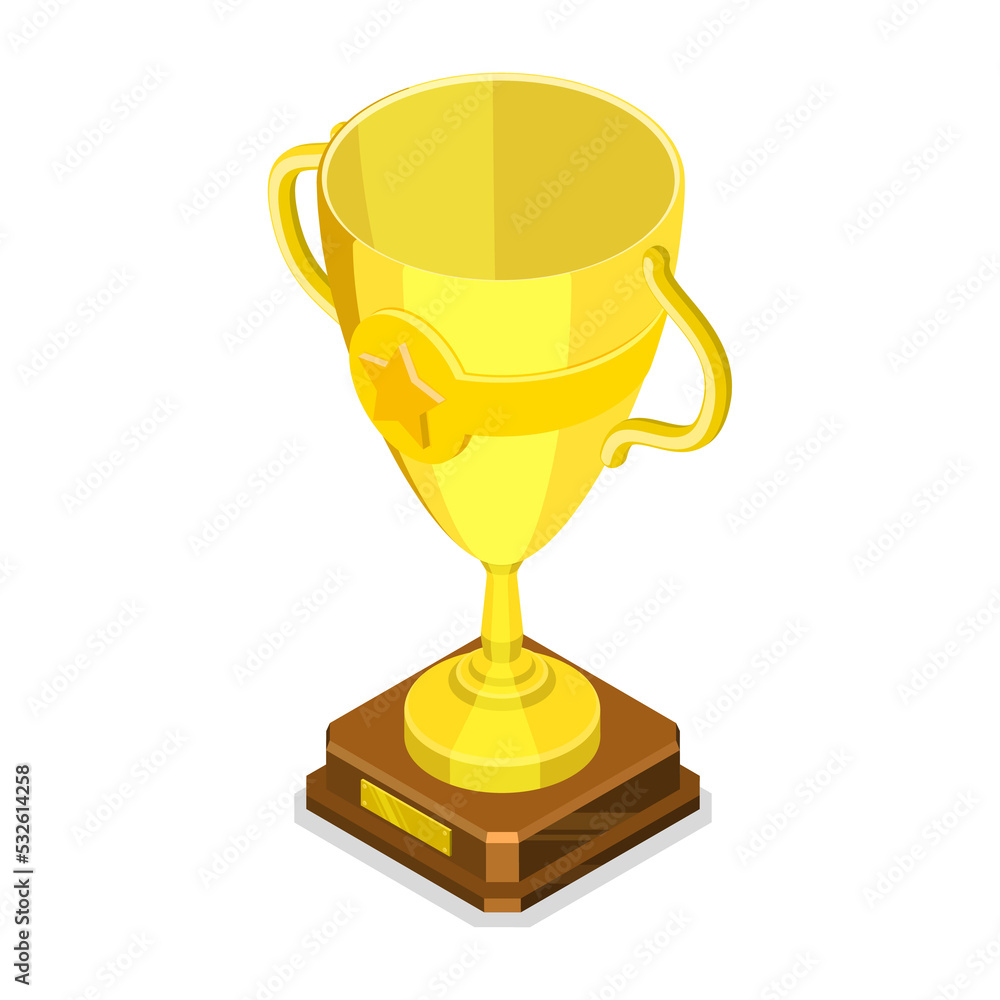 Isometric flat concept of a golden winner cup. Isometric flat concept of a golden winner cup.