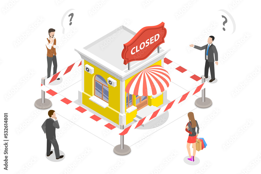 3D Isometric Concept of Stores closing and Businesses Bankrupt. 3D Isometric Concept of Stores closing and Businesses Bankrupt.
