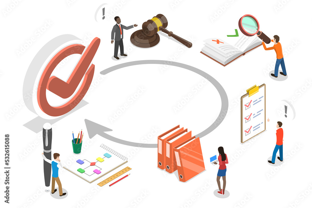 3D Isometric Flat Concept of Regulatory Compliance. 3D Isometric Flat Concept of Regulatory Compliance.