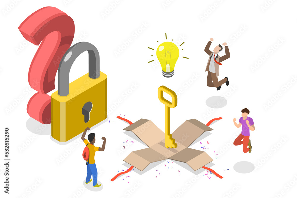 3D Isometric Flat  Concept of Finding Solution, Brainstorming and Teamwork.