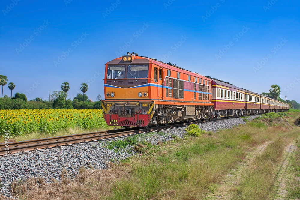 Passenger train by diesel locomotive on the railway. Passenger train by diesel locomotive on the railway.