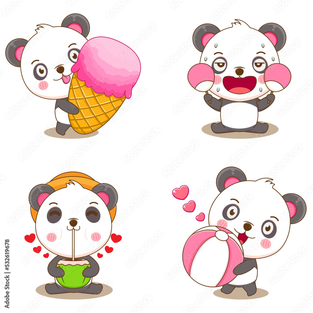 Fototapeta premium Cute panda summer season feeling hot, playing beach ball, eating ice cream, drinking coconut. Adorable animal cartoon character. Isolated white background. Vector illustration.