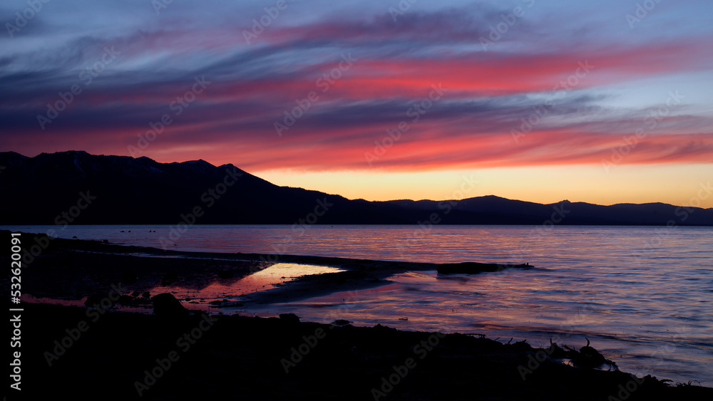 Pink Sunset over Lake Tahoe Water from South Lake Tahoe, California