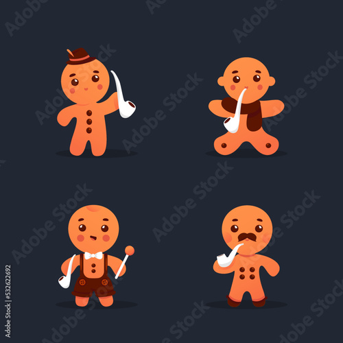 Weckmann and stutenkerl for St Martin's Day or Martinstag. Pastry made. Sweet leavened dough in the form of a man with raisin and clay pipe. Cartoon character set. Vector illustration.