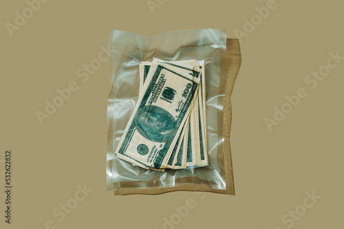 vacuum packed bag of dollar bills photo