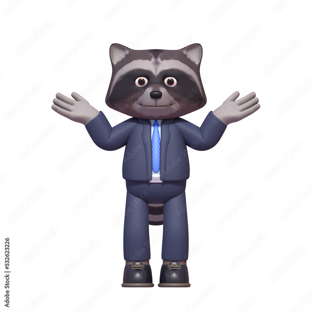 3d render of raccoon in business suit not sure, contemplating