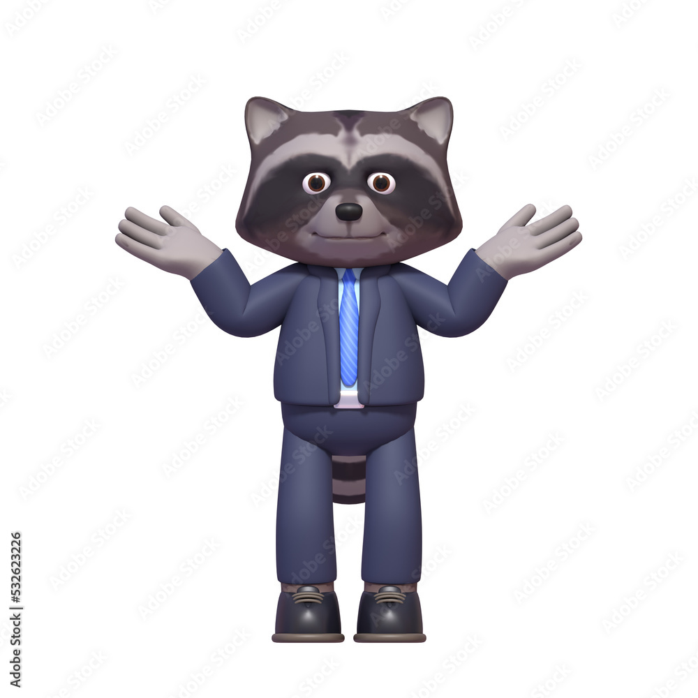 3d render of raccoon in business suit not sure, contemplating 3d render of raccoon in business suit not sure, contemplating