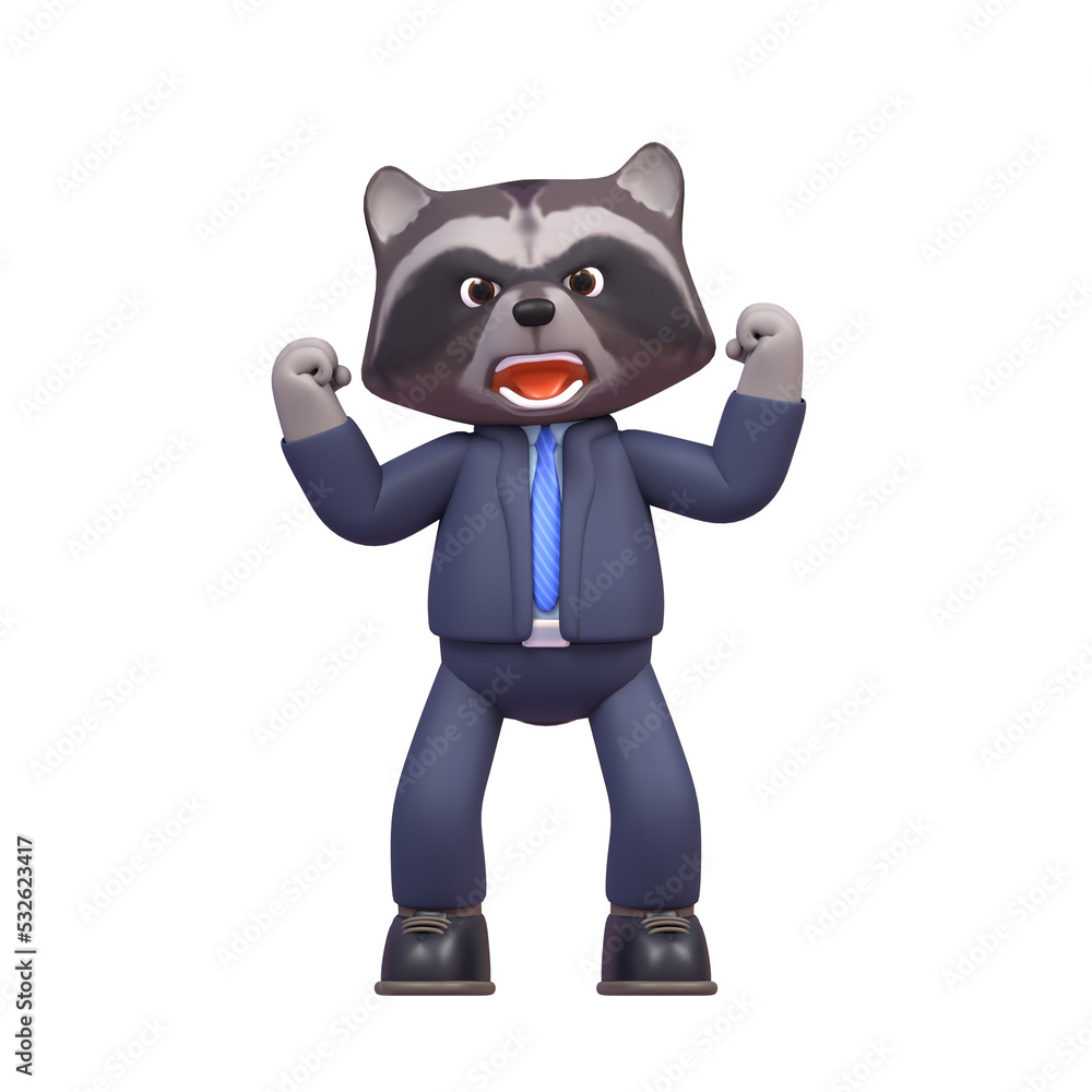 3d render of raccoon in business suit angry, shouting in rage