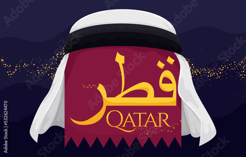 Keffiyeh over Serrated Label with Qatar Sign and Magical Sand, Vector Illustration