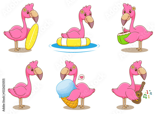 Cute flamingo summer activities. flamingo swimming, surfing, drinks coconut, eating ice cream, playing guitar. Animal summer concept design. Isolated white background. Vector art illustration.